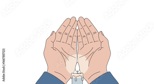Innovative Illustration of Hands Held in a Cup-like Position with a Lit Candle for Spirituality, Meditation, and Wellness Themes in Contemporary Digital Art Style for Modern Culture and Mindfulness