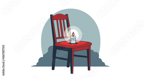 Memorial Candle on Wooden Chair for Remembrance or Memorial Service, Soft Lighting Creating Peaceful and Reflective Atmosphere, Suitable for Commemorations and Respectful Ceremonies