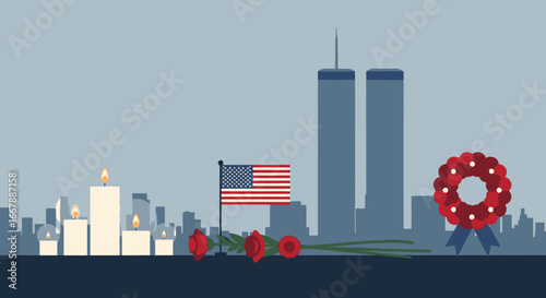 Memorial Day Celebration Scene in New York City Featuring Candles American Flag Roses Poppy Wreath and Twin Tower Skyline in Background for Patriotic Holiday and Remembrance Events