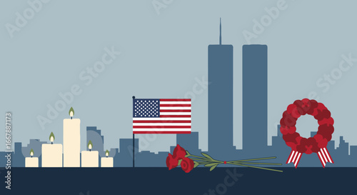 Memorial Day in New York City Featuring Candles and Wreaths with American Flag Displayed Against Skyline of Downtown Manhattan During Commemoration Ceremony for Veterans and National Remembrance