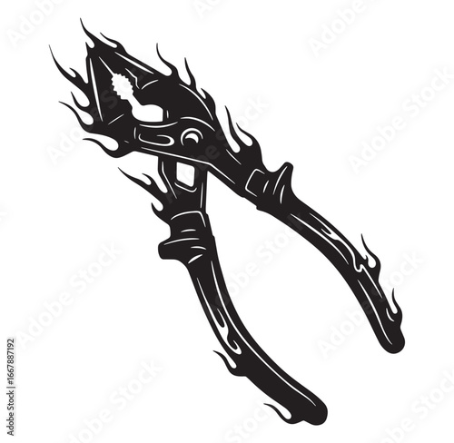 Vector illustration of a stylized pair of pliers with a fiery flame design in black