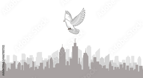 Peaceful White Dove Flying Over Modern City Skyline Featuring Skyscrapers and Urban Landscape, Symbolizing Freedom Hope and Unity in a Dynamic Metropolitan Environment