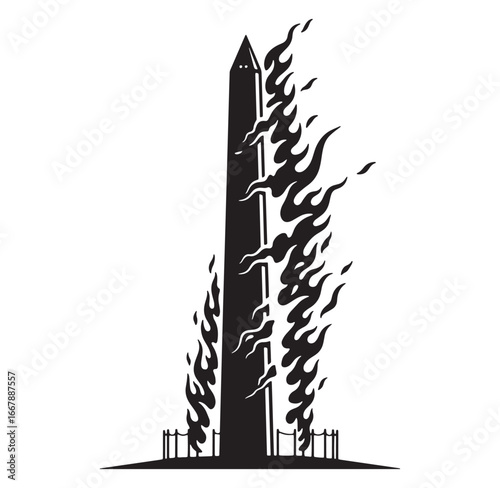 Washington monument ablaze a striking black and white vector illustration on white background