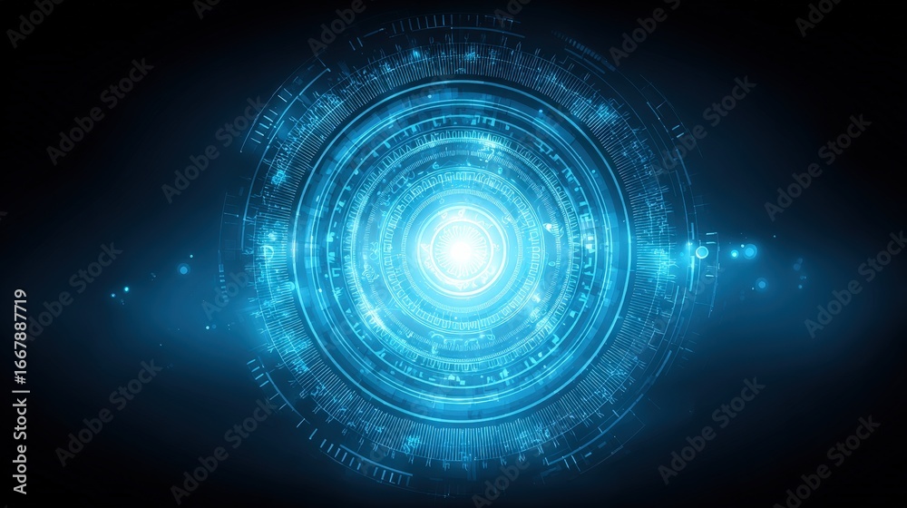 Fototapeta premium Digital Abstract in Azure: A luminous, futuristic portal or data stream shines with radiant energy in an advanced technological context, the core a source of power.