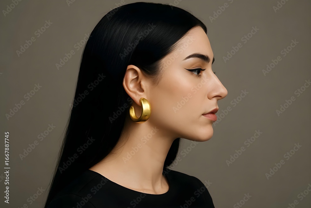 Naklejka premium A profile view of a woman with long black hair, wearing bold gold earrings against a neutral background. Concept Elegant Profile Shot, Long Black Hair, Bold Gold Earrings, Neutral Background
