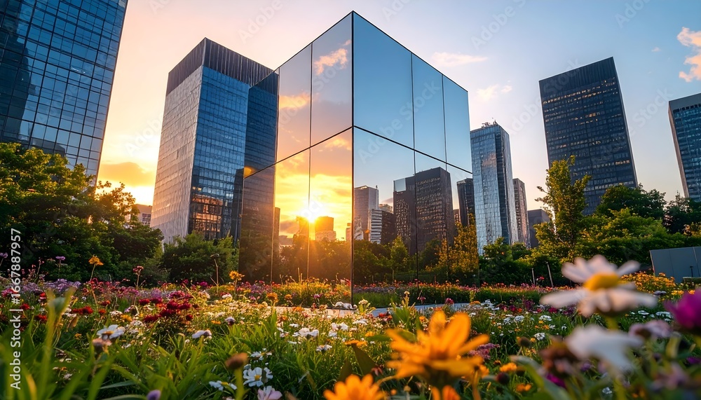 Fototapeta premium Stunning modern city skyline with reflecting glass building at sunset, vibrant flowers, perfect for commercial real estate, architecture, and travel