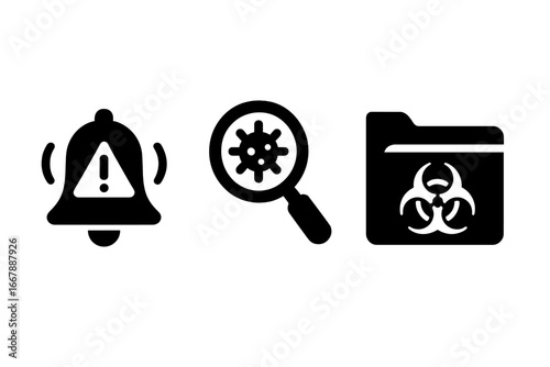 Threat detection icons vector set with alert bell, virus scan magnifier, and quarantine folder symbol for cybersecurity and virus protection concepts