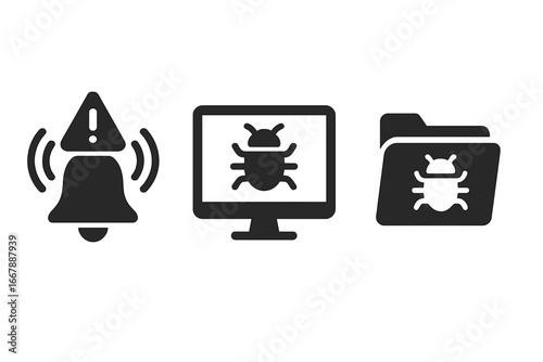 Solid Threat Detection Icons Set with Alert Bell, Virus Scan on Monitor, and Quarantine Folder Symbol for Cybersecurity and Digital Protection Concept
