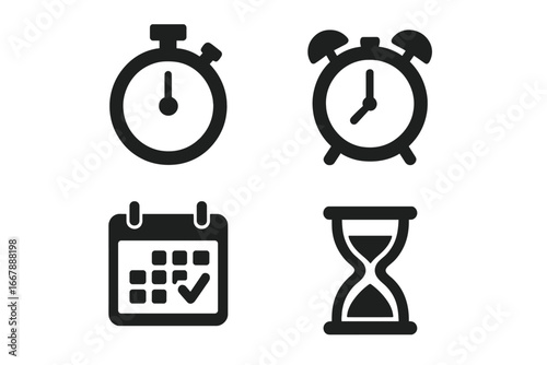 Solid vector icons of time management devices including stopwatch, alarm clock, calendar reminder with checkmark, and hourglass symbolizing efficient scheduling and time tracking