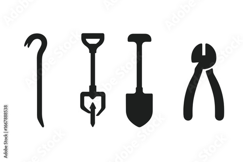 Solid Filled Set of 4 Stake Removal and Maintenance Tools Icon Vector Illustration Crowbar, Stake Puller, Shovel, Hammer, Wire Cutter, Construction and Gardening Equipment