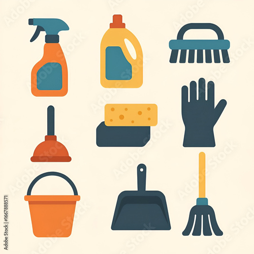 Flat Cartoon Style Cleaning Icons with Tools and Supplies