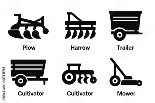 Tractor Equipment Icons Vector Set, Solid Filled Agricultural Machinery Symbols Including Plow, Harrow, Seed Drill, Trailer, Cultivator, Mower, Farm Tools Illustration on Transparent Background