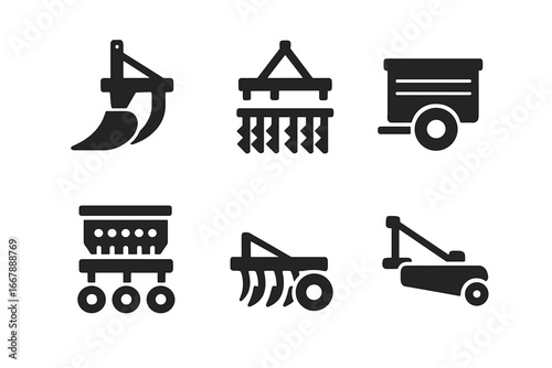 Tractor Equipment Icons Solid Filled Vector Set with Plow, Harrow, Seed Drill, Trailer, Cultivator, Mower Agricultural Farming Tools Illustration on Transparent Background