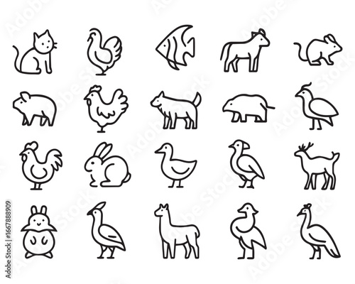 Set of outline icons related to domesticated animals. Linear icon collection
