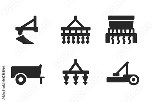Tractor Equipment Icons Solid Filled Vector Set Including Plow Harrow Seed Drill Trailer Cultivator Mower Agricultural Farm Machinery Symbols Transparent Background