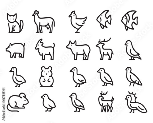 Set of outline icons related to domesticated animals. Linear icon collection