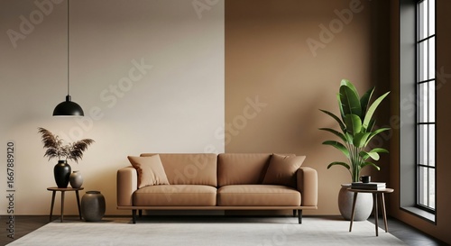 Modern living room interior with stylish sofa and lush green plants