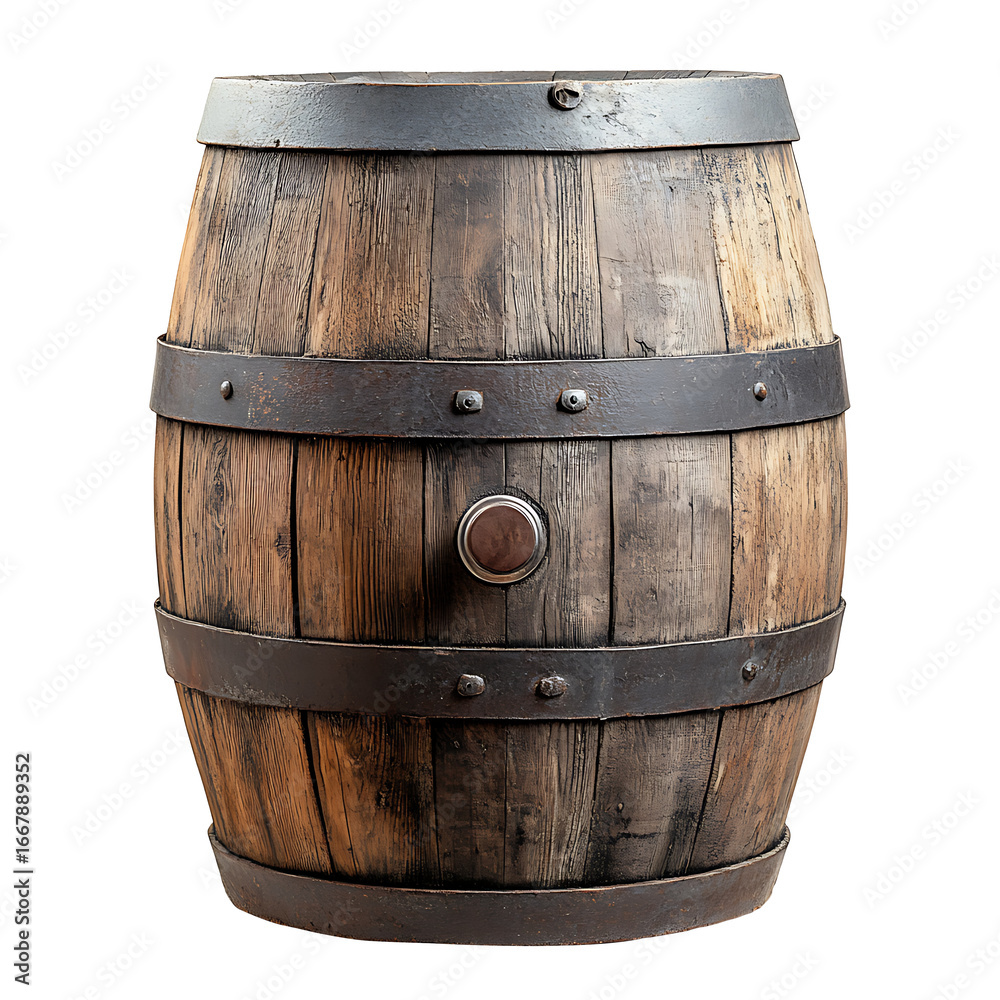 Fototapeta premium Rustic wooden barrel vintage storage container isolated on transparent background
