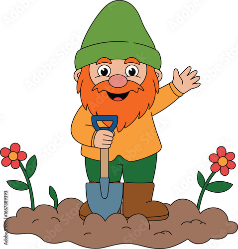 Cartoon gnome gardener waving with shovel — cheerful character in flower bed for spring, farming, nature, and children’s themes
