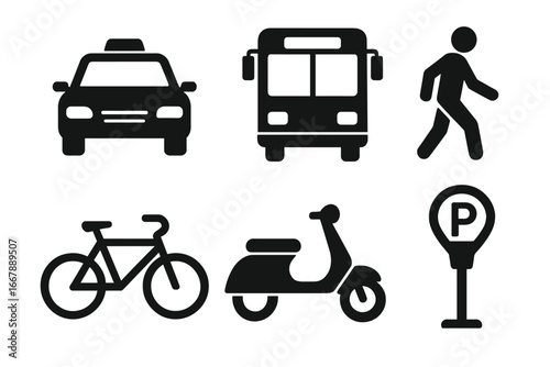 Transport Icon Set with Solid Filled Vector Illustrations of Taxi, Bus, Bicycle, Scooter, Pedestrian, and Parking Meter for Urban Mobility and Street Transportation Design