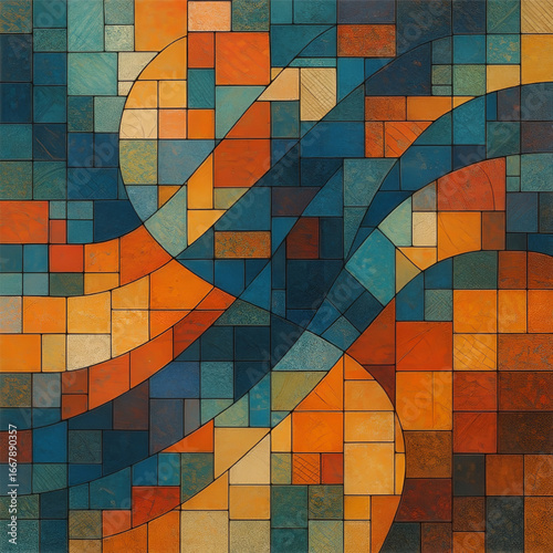 Abstract stained glass mosaic pattern with textured squares and warm blue orange colors