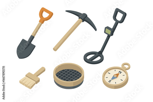 Isometric Flat Icon Set of Treasure Hunting Tools with Shovel, Pickaxe, Metal Detector, Brush, Sieve, and Compass for Adventure and Exploration Vector Illustration