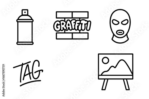 Urban Art Icon Set, Outline Vector of Street Graffiti Spray Can, Graffiti Wall, Stencil Mask, Street Tag, and Mural Illustration for Urban Culture Design