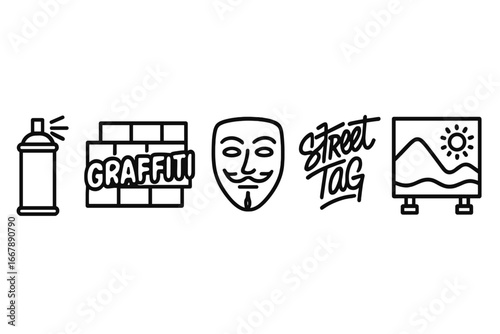 Urban Art Icon Set, Outline Vector Collection of Street Art Elements Including Graffiti Spray Can, Wall Graffiti, Stencil Mask, Street Tag, and Colorful Mural Illustration