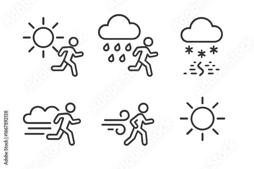 Outline Weather Icons Grid with Running Figures and Various Conditions Including Sunny Run, Rainy Run, Snowy Path, Windy Day, Foggy Morning, and Hot Sun Vector Illustration on Transparent Background