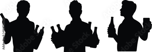 Black silhouette people holding bottles and glass, beverage container illustration, alcohol drink concept, party celebration graphic, bar service artwork, drinking culture design