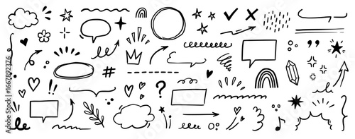 Wallpaper Mural Line brush heart vector set. Hand drawn sketch doodle style arrow, cloud, star with marker stroke pencil highlight. Cute handwritten crown, heart, star line brush art design. Vector illustration Torontodigital.ca