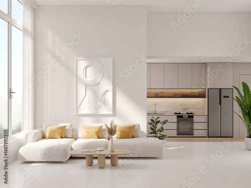 Bright modern and minimalist living room with a white sofa, yellow cushions, and a modern open kitchen. High ceiling interior with natural light.3d render
