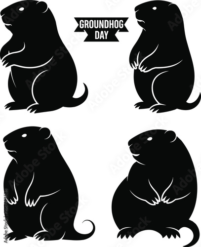 Black silhouette groundhog illustration, Groundhog Day banner, animal wildlife vector, seasonal holiday design, rodent mascot artwork, February tradition graphic element