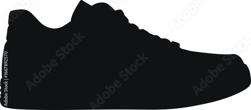Black silhouette sneaker icon, athletic shoe vector, sports footwear illustration, casual fashion trainer, running shoe graphic, unbranded footwear design element