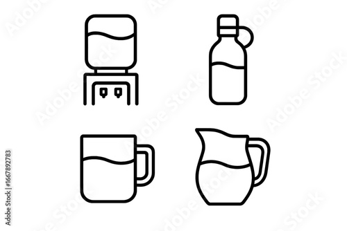 Workplace hydration icon set, outline vector illustration of office water cooler, desk bottle, glass mug, communal jug for drinking water and refreshment in office environments