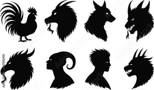 Mythical creature silhouette collection, animal profile icons, fantasy beast clipart, dragon and wolf vector set, horned figure art, serpent design elements
