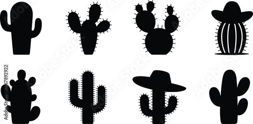 Black cactus silhouette collection, desert plant icons, western nature symbols, Mexican style clipart, succulent vector set, southwestern decorative graphic elements