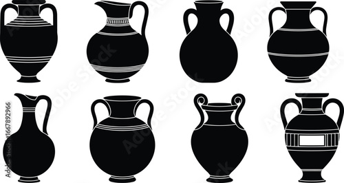 Silhouette ancient pottery collection, black ceramic amphora vector, classical vase clipart, historical jar artwork, antique vessel designs, isolated archaeological graphic illustration