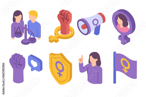 Women's Rights Isometric Vector Icons Set – Equality, Empowerment, Feminism, Advocacy, Gender Equality Symbols on Transparent Background