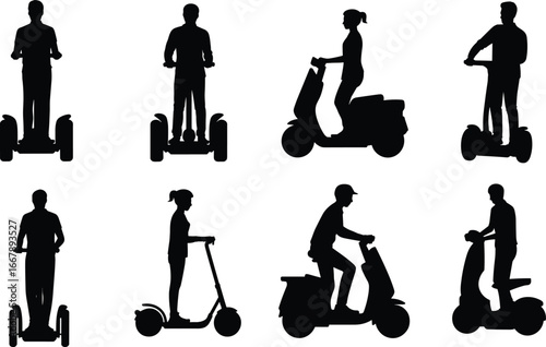 Silhouette, people riding Segway, electric scooter, moped, personal mobility devices, urban transport, eco friendly commuting, modern transportation