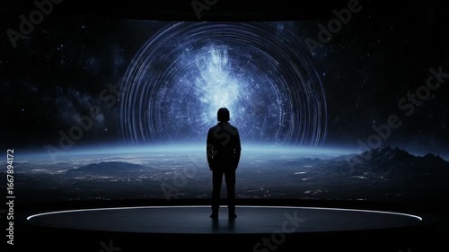 Person standing on platform, looking at a vast virtual space panorama with a glowing, circular portal in the background