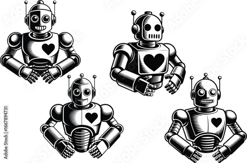 Vintage Robot Illustrations Black and White Retro Robot