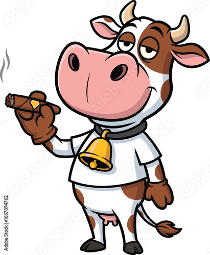 Cartoon cow smoking cigar — relaxed anthropomorphic character with bell and smirk for humorous farm-themed, lifestyle, or mascot designs