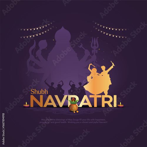 Happy Navratri, silhouette illustration of couple playing Dandiya with background goddess Durga, Garba Night banner poster for Navratri Dussehra festival of India.	