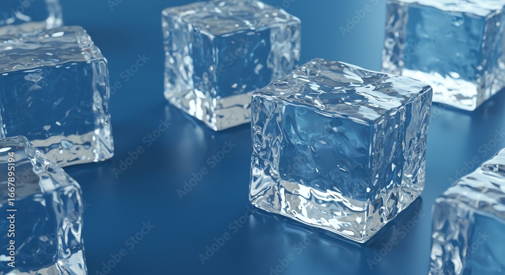 Obraz premium Ice cubes on blue reflective surface
