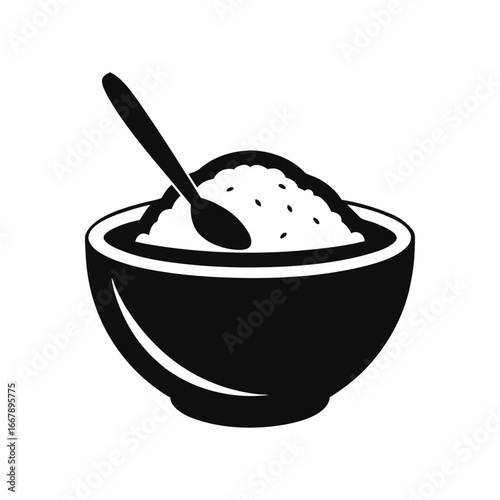 Simple black and white icon of a bowl filled with granulated sugar and a spoon