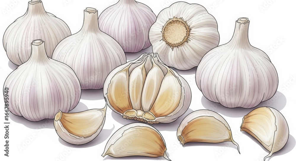 Fototapeta premium Close-up illustration of whole and sliced garlic bulbs, showcasing their internal structure.