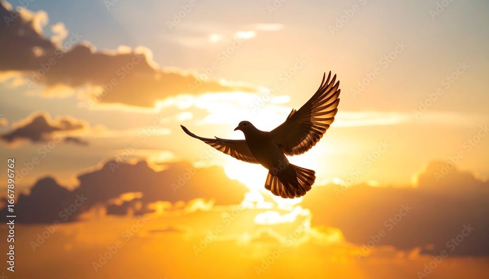 Obraz premium Silhouette of dove flying against sunset sky, symbolizing peace and hope.