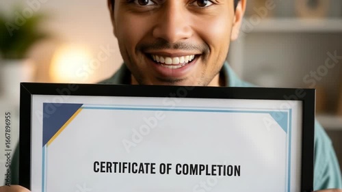 Smiling man holding a course completion certificate in a black frame. The certificate demonstrates achievement and dedication.