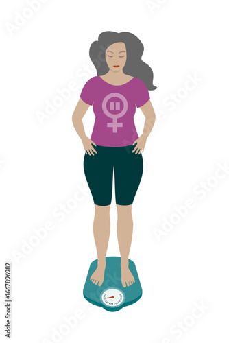 Menopausal woman measuring body weight.